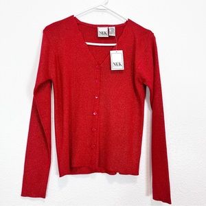 NEK Northeast Knitters Sparkly Red Cardigan Sweater Scalloped Neckline Size M